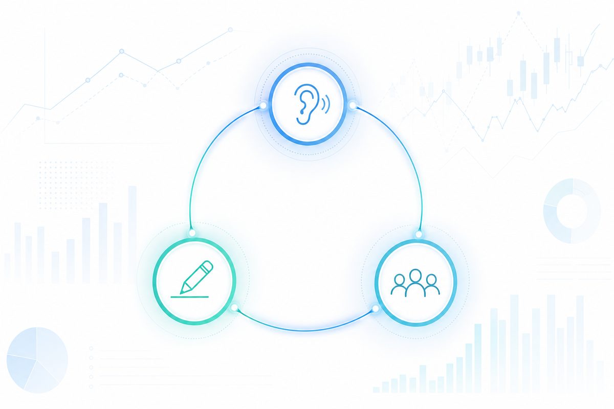 Continuous loop — listen, read, decide, respond, grow
